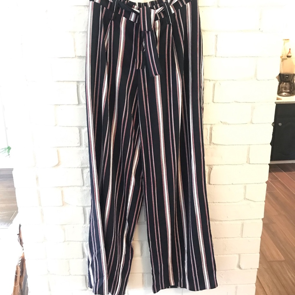 Long striped pants with elastic waist & tie, size2